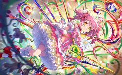 1girl abstract_background ankle_bow anklet artist_request backlighting blurry blurry_background bow bow_choker bowtie braid braided_base brooch buttons center_frills chain choker closed_mouth corset detached_sleeves dot_nose floating floating_hair frilled_skirt frilled_sleeves frilled_socks frills full_body game_asset gem gloves gold_chain hair_bow happy high_heels highres holding holding_weapon jewelry kaname_madoka kaname_madoka_(magical_girl) kneehighs light_particles light_rays lock magical_girl mahou_shoujo_madoka_magica mahou_shoujo_madoka_magica:_walpurgis_no_kaiten mahou_shoujo_madoka_magica_magia_exedra miniskirt offering_hand official_art padlock petticoat pink_bow pink_bowtie pink_corset pink_gem pink_hair pink_skirt plant puffy_short_sleeves puffy_sleeves pumps red_bow red_choker red_shoes shirt shoes short_hair short_sleeves short_twintails skirt sleeveless sleeveless_shirt smile socks solo soul_gem_(madoka_magica) sparkle tareme third-party_source twintails twintails_with_braided_base vines weapon weapon_request white_gloves white_shirt white_sleeves white_socks yellow_eyes