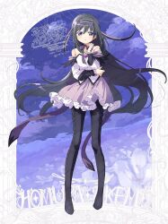 1girl :o akemi_homura akemi_homura_(magical_girl) arch back_bow bare_shoulders black_boots black_collar black_hair black_hairband boots border bow bowtie character_name chest_jewel cloud collar commentary_request dated detached_collar detached_sleeves diamond_hair_ornament dot_nose expressionless feather-trimmed_sleeves field floating_clothes floating_hair flower flower_field frilled_skirt frills full_body gem hair_between_eyes hair_ornament hairband hand_on_own_chin hand_on_own_elbow highres lace-up_boots layered_sleeves light_blush lily_(flower) long_hair long_sleeves magical_girl mahou_shoujo_madoka_magica mahou_shoujo_madoka_magica:_walpurgis_no_kaiten miniskirt night outdoors parted_lips pillar pleated_skirt purple_bow purple_bowtie purple_eyes purple_gem purple_skirt purple_sky serizawa_serizane shirt skirt sky solo soul_gem_(madoka_magica) standing strapless strapless_shirt thigh_boots very_long_hair watermark wavy_hair white_border white_flower white_shirt white_sleeves