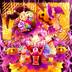  1girl :q blush blush_stickers border bow candy character_request closed_mouth commentary_request corset dress food food-themed_hat_ornament hair_ornament halloween hat hat_ornament heart heart_print hibi89 holding holding_candy holding_food holding_lollipop jack-o'-lantern lollipop merc_storia orange_background pumpkin purple_border purple_bow red_bow smile solo star_(symbol) star_hair_ornament sweets swirl_lollipop symbol_in_eye tongue tongue_out violet_eyes waving witch_hat 