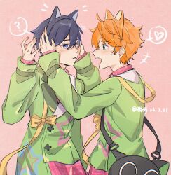  2boys akehoshi_subaru animal_bag animal_ears arms_up black_hair blue_eyes blush cat_bag commentary ensemble_stars! fake_animal_ears from_side green_jacket hair_between_eyes headband heart hidaka_hokuto highres jacket long_sleeves looking_at_another luo_xiaohei luo_xiaohei_(cat) male_focus meowknight multiple_boys open_mouth orange_hair pink_background short_hair simple_background smile spoken_heart the_legend_of_luo_xiaohei untranslatable_commentary upper_body 