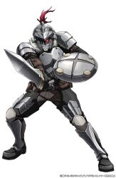  1boy arm_belt armor armored_boots artist_request belt black_pants black_shirt boots breastplate broken_horns brown_belt buckler clenched_hand copyright_name copyright_notice fighting_stance full_armor full_body fur_trim glowing glowing_eye goblin_slayer goblin_slayer! goblin_slayer:_the_endless_revenge grey_armor grey_helmet grey_pants helm helmet holding holding_shield holding_sword holding_weapon leather_armor looking_at_viewer male_focus multiple_belts official_art pants plume pointing pointing_at_viewer pointing_melee_weapon pointing_sword red_eyes second-party_source shield shirt simple_background solo standing sword transparent_background visor_(armor) weapon 