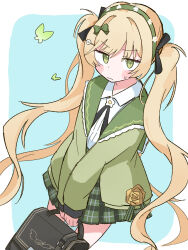  1girl arutisu0723 bag black_bag blonde_hair blue_background border bug butterfly cardigan closed_mouth collared_shirt commentary cowboy_shot furrowed_brow green_butterfly green_cardigan green_eyes green_skirt highres holding holding_bag long_hair looking_at_viewer mahou_shoujo_no_majo_saiban official_alternate_costume plaid_clothes plaid_skirt pleated_skirt shirt simple_background skirt solo tono_hanna twintails white_border white_shirt 