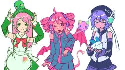  3girls ahoge apron belt beret black_hat black_sleeves blue_shirt blue_skirt blue_sleeves bow bowtie cloudlymee collared_apron color_connection crossover detached_sleeves dress drill_hair flowertchi green_dress green_hat green_sleeves hair_ornament hairclip hat hat_writing headphones highres kasane_teto kasane_teto_(utau) kuchipatchi long_hair mimichi momone_momo multiple_girls necktie number_tattoo pink_belt pink_hair pink_trim pink_wings pocket purple_hair purple_necktie purple_trim red_bow red_bowtie red_hair red_trim ribbon-trimmed_thighhighs ribbon_trim shirt short_hair skirt sleeve_bow sleeveless sleeveless_shirt tamagotchi tattoo thigh-highs twin_drills utane_uta utau white_apron wings 