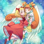  2girls :o angel_wings blonde_hair blue_background boots bow brown_eyes brown_hair checkered checkered_background choker cure_rosetta curly_hair dokidoki!_precure double_bun dress flower frills hair_flower hair_ornament hair_ribbon hirounp itsutsuboshi_reina knee_boots long_hair magical_girl multiple_girls orange_eyes precure puffy_sleeves red_dress ribbon shoes short_hair skirt smile star starry_background twintails white_wings wings wrist_cuffs yotsuba_alice 