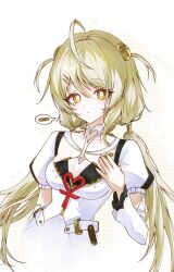  1girl absurdres ahoge bandaid_on_chest blonde_hair breasts closed_mouth collarbone commentary hand_up highres long_hair looking_at_viewer mising_0033 phoenix_(zenless_zone_zero) shirt simple_background small_breasts solo spoken_object twintails untranslatable_commentary upper_body white_background white_shirt yellow_eyes zenless_zone_zero 
