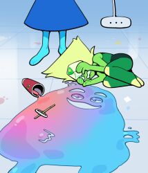  2girls alien barefoot blonde_hair blue_hair blue_skin colored_skin commentary crying cup discount-supervillain english_commentary face_shield fetal_position forehead_jewel gem gem_(steven_universe) green_skin grimace_(mcdonald's) grimace_shake_(meme) homeworld_gem_uniform lapis_lazuli_(steven_universe) mcdonald's meme multiple_girls peridot_(steven_universe) short_hair standing steven_universe triangle-shaped_hair 