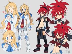 2boys arms_around_neck artist_name bat_wings black_shorts blonde_hair blue_eyes blue_ribbon choker demon_boy demon_wings disgaea elbow_gloves etna_(disgaea) flonne flonne_zesshosai_(disgaea) genderswap_(ftm) heart kuro-l looking_at_viewer multiple_boys o-ring o-ring_choker pointy_ears ponytail red_eyes red_hair red_tie ribbon skull_earrings thigh-highs tied_hair white_boots white_pants white_shirt