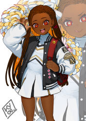  1girl :p artist_name backpack bag beads black_jacket box_braids braid braided_dreadlocks brown_hair cheerleader child colored_inner_hair commentary cowboy_shot dark-skinned_female dark_skin different_zoom_layer down_jacket dreadlocks dress english_commentary eyelashes fingernails gilgamesh_(kyou) hair_beads hair_ornament hand_up heart high_collar highres holding holding_pom_poms jacket kyou_(iuciferic) long_hair long_sleeves multicolored_hair open_clothes open_jacket open_mouth orange_hair original pom_pom_(cheerleading) red_bag red_eyes sparkle star_(symbol) star_in_eye symbol_in_eye teeth tongue tongue_out two-tone_hair upper_teeth_only very_long_hair white_background white_dress yellow_pupils zoom_layer 