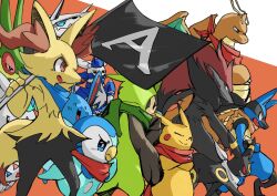  1boy 1girl 5others 95_(berugimu95) aggron azumarill bandana bandana_around_neck blue_bandana braixen chespin commentary_request dragon dragonite flag flygon furry furry_female green_scarf grin highres holding holding_flag lucario meowstic meowstic_(female) meowstic_(male) multiple_others orange_scarf pikachu piplup pokedan_icma pokemon pokemon_(creature) pokemon_focus pokemon_mystery_dungeon red_bandana red_scarf scarf sharp_teeth smile teeth togekiss umbreon white_bandana zoroark 