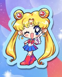  1girl bishoujo_senshi_sailor_moon blue_eyes blue_sailor_collar blue_skirt blush boots bow bowtie chibi chibi_only choker commentary crescent crescent_earrings double_bun earrings gloves hair_bun highres jewelry long_hair looking_at_viewer magical_girl oceaninspace one_eye_closed pleated_skirt pointing pointing_at_viewer red_boots red_bow red_bowtie red_choker sailor_collar sailor_moon sailor_senshi_uniform skirt solo tsukino_usagi very_long_hair white_gloves 