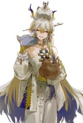  1girl animal animal_on_head animal_on_shoulder arknights bare_shoulders bead_bracelet beads bird bird_on_head bird_on_shoulder bracelet chicken chinese_commentary closed_eyes colored_extremities commentary_request cowboy_shot dragon_girl dragon_horns earrings eastern_dragon_horns eyeliner facing_viewer grey_hair grey_jacket grey_pants hair_between_eyes highres holding holding_animal holding_bird horns jacket jewelry long_hair long_sleeves makeup multicolored_hair on_head orange_eyeliner pants pointy_ears shu_(arknights) simple_background smile solo standing white_background wo_juewangle yellow_hands 