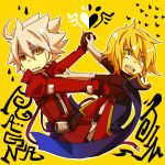  2boys blazblue blonde_hair brothers heterochromia holding_hands jin_kisaragi kuro_yuzu multiple_boys ragna_the_bloodedge siblings silver_hair 