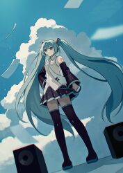  1girl ahoge aqua_eyes aqua_hair aqua_necktie aqua_trim bare_shoulders black_boots black_skirt black_sleeves boots breasts closed_mouth clouds cloudy_sky collared_shirt commentary_request day detached_sleeves dot_nose full_body hair_ornament hand_on_own_hip hatsune_miku headset highres long_hair necktie outdoors pleated_skirt shirt skirt sky small_breasts solo speaker thigh_boots tie_clip twintails very_long_hair vocaloid white_shirt wide_sleeves wing_collar zettai_ryouiki zhixi 