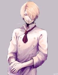  1boy clip_studio_paint_(medium) closed_eyes commentary_request cowboy_shot curly_eyebrows curry_gohan facial_hair goatee grey_background hair_over_one_eye male_focus one_piece sanji_(one_piece) signature simple_background smile solo 