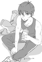  1boy blue_lock bottle closed_mouth commentary greyscale hair_between_eyes highres isagi_yoichi jacket looking_at_viewer male_focus monochrome pants shoes short_hair simple_background solo sweat tank_top toneon00 track_jacket track_pants twitter_username untranslatable_commentary water_bottle white_background 