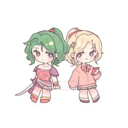  2girls armor blonde_hair boots bow bowtie brown_shoes cardigan chibi chibi_only commentary_request diagonal-striped_bow diagonal-striped_bowtie diagonal-striped_clothes dissidia_duellum_final_fantasy dissidia_final_fantasy dress earrings final_fantasy final_fantasy_vi green_hair grey_skirt hair_ornament hair_ribbon hairclip highres holding holding_phone holding_sword holding_weapon jewelry long_hair looking_at_another miniskirt multiple_girls official_alternate_costume parted_bangs phone pink_cardigan plaid_clothes plaid_skirt pleated_skirt ponytail red_boots red_dress red_ribbon ribbon sash school_uniform sesese_3110 shirt shoes shoulder_armor skirt socks striped_bow striped_bowtie striped_clothes sword terra_branford terra_branford_(school_cardigan) twitter_username violet_eyes waist_sash weapon white_background white_shirt white_socks 