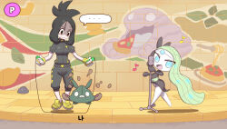  2girls black_dress black_hair black_track_suit blue_eyes colored_skin commentary_request dendra_(pokemon) disgust domaguri dress fingerless_gloves food forehead_jewel gameplay_mechanics gloves green_hair grimer holding holding_microphone_stand jump_rope jumping korean_commentary long_hair looking_at_another looking_at_viewer looking_down medium_hair meloetta meloetta_(aria) microphone_stand mud multiple_girls mural musical_note pasta pizza pokemon pokemon_(creature) pokemon_scarlet_and_violet rhythm_game rhythm_tengoku rhythm_tengoku_miracle_stars scar scar_on_face scar_on_forehead singing slime_(creature) spaghetti stage track_suit trubbish white_skin 