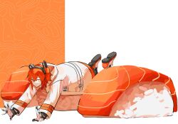  1girl adachi_rei commentary corporalblake english_commentary food full_body headlamp highres jacket long_sleeves looking_at_viewer lying on_stomach one_side_up orange_eyes orange_hair radio_antenna short_hair solo sushi utau white_jacket 
