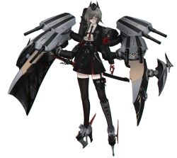  1girl azur_lane black_hat black_skirt cannon commentary english_commentary eyepatch flight_deck gloves grey_hair hat necktie nilzynox one_eye_covered original red_gloves rigging ship_turret shirt skirt solo thigh-highs white_shirt 