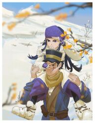  1boy 1girl absurdres ainu_clothes asirpa bandana bare_tree belt belt_pouch black_belt black_eyes black_hair blue_coat blue_sky blurry blurry_foreground boots bud carrying coat day dotr_art frown fur_boots golden_kamuy hand_on_another's_face hat highres kepi long_hair long_sleeves military_hat mountain one_eye_covered outdoors pants pouch purple_pants scar scar_on_cheek scar_on_face scar_on_nose scarf shading_eyes short_hair shoulder_carry sky snow standing sugimoto_saichi tree white_boots white_coat yellow_scarf 