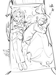  2girls absurdres aihara-rina alternate_costume barefoot bed bow chinese_commentary chinese_text closed_eyes closed_mouth cold collared_shirt commentary_request greyscale hair_bow hakurei_reimu highres horns kirisame_marisa komano_aunn komano_aunn_(komainu) long_sleeves lying monochrome multiple_girls on_back on_bed on_side pajamas pants shirt single_horn sketch smile squeans touhou trembling 