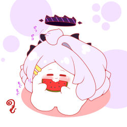  :i afterimage ahoge ahoge_wag blue_archive blush chibi closed_eyes closed_mouth colored_shadow commentary_request expressive_hair food fruit grey_hair hair_ornament hairclip halo hina_(blue_archive) holding holding_food kurukurumagical long_hair parted_bangs shadow single_hair_intake solo very_long_hair watermelon watermelon_slice white_background 