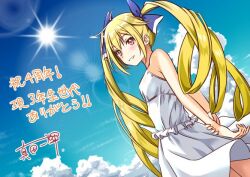  1girl blonde_hair blue_bow blush bow cinderella_series commentary_request dress drill_hair hachigatsu_no_cinderella_nine hair_bow hand_on_own_arm kosaka_tsubaki long_hair looking_at_viewer looking_back outdoors red_eyes sanada_ikki signature sleeveless sleeveless_dress solo sun translation_request twin_drills white_dress white_mouth 