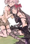  2girls akemi_homura akuma_homura blush bow checkered closed_eyes dress hair_bow hair_ribbon holding_hands jojoie7 kaname_madoka kneeling long_hair looking_at_viewer mahou_shoujo_madoka_magica multiple_girls open_mouth pink_hair purple_hair ribbon school_uniform short_twintails spoilers tagme thighhighs twintails violet_eyes yuri zettai_ryouiki 