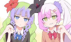  2girls alternate_costume ameth_(princess_connect!) blue_eyes blush breasts closed_mouth commentary_request fingernails flower fujiyama_(yellow) green_eyes green_hair gyaru hair_between_eyes hair_flower hair_ornament highres long_hair looking_at_viewer multiple_girls ponytail princess_connect! ribbon simple_background sweatdrop tia_(princess_connect!) v 