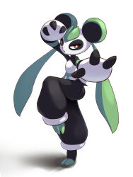  commentary_request espantoso_aho fewer_digits fighting_stance full_body furry highres leafan_(palworld) pal_(creature) palworld panda red_eyes simple_background solo standing standing_on_one_leg white_background 