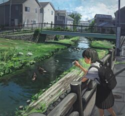  1girl absurdres animal anko1127 backpack bag bird black_bag black_hair black_skirt bridge camera commentary_request day duck feet_out_of_frame fence from_side grass highres holding holding_camera house leaning_on_object open_mouth original outdoors pedestrian_bridge pleated_skirt profile scenery school_uniform shirt short_hair short_sleeves skirt slice_of_life smile solo standing stream summer summer_uniform taking_picture urban water white_shirt 
