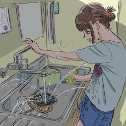  1girl brown_hair commentary_request dmohashi hair_bun holding holding_sponge kitchen original shirt sidelocks single_hair_bun sink slice_of_life sponge wet wet_clothes wet_shirt 