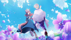  2girls animal_ears beanie brown_hair closed_eyes clouds coat commentary_request denim dress ears_through_headwear field floral_print floral_print_dress flower flower_field from_behind gloves grass grey_hair grey_hat hat highres horse_ears horse_girl horse_tail in_memoriam japanese_clothes jeans kimono kobara_suita long_hair multiple_girls nakayama_festa_(shichuukyuukatsu)_(umamusume) nakayama_festa_(umamusume) pants petals print_dress purple_dress purple_flower purple_kimono purple_petals shoe_soles shoes smile striped_clothes striped_headwear tail torn_clothes torn_jeans torn_pants translation_request umamusume vertical-striped_clothes vertical-striped_headwear 