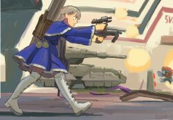  1girl aiming alien battle_rifle blue_capelet blue_dress blunt_bangs boots br55 bullpup capelet caterpillar_tracks closed_mouth day dress dual_wielding east-west_crossover explosive expressionless firing from_side full_body grenade grey_hair gun halo_(series) halo_2 handgun highres highway holding kanokoga lace-up_boots lawine_(sousou_no_frieren) leaning_forward long_hair long_sleeves m41_spnkr m6c m78_zaitaoaotezhanshi military_vehicle motor_vehicle multiple_caterpillar_tracks multishot_rocket_launcher outdoors rifle rocket_launcher scene_reference science_fiction scorpion_(halo) short_dress sousou_no_frieren submachine_gun tank thigh_boots unggoy weapon weapon_on_back white_boots 