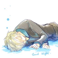  1boy black_coat blonde_hair blue_shirt clip_studio_paint_(medium) closed_mouth coat collared_shirt commentary_request curly_eyebrows curry_gohan lowres lying male_focus on_side one_piece sanji_(one_piece) shirt short_hair solo 