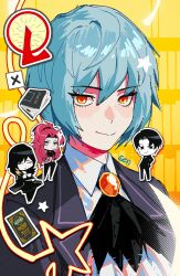  1boy 3girls angela_(project_moon) artist_name binah_(project_moon) black_feathers blue_coat book bookshelf brooch closed_mouth coat commentary english_commentary feathers gebura_(project_moon) gem hair_between_eyes highres jewelry lapels library_of_ruina lobotomy_corporation_logo looking_to_the_side multiple_girls notched_lapels orange_eyes orange_gem project_moon roland_(project_moon) senranx shirt short_hair sidelocks smile star_(symbol) upper_body white_shirt yellow_background 
