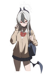  1girl alternate_costume alternate_hairstyle bag black_choker black_hair black_horns blue_archive blue_skirt bow bowtie cardigan choker collarbone commentary cropped_legs demon_horns demon_wings dress_shirt earclip earphones hair_between_eyes halo highres holding holding_earphones horns kayoko_(blue_archive) long_hair long_sleeves looking_at_viewer low_wings mole mole_on_collarbone multicolored_hair parted_lips plaid_clothes plaid_skirt pleated_skirt purple_wings red_bow red_bowtie red_eyes revebw school_bag school_uniform shirt simple_background single_earphone_removed single_wing sketch skirt sleeves_past_wrists solo two-tone_hair white_background white_halo wings yellow_cardigan 