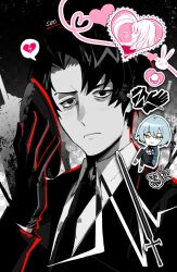  1boy 2girls angela_(project_moon) angelica_(project_moon) artist_name black_background black_eyes black_gloves black_hair black_jacket black_mask brain broken_heart cardiogram chibi chibi_inset closed_mouth collared_shirt commentary crown curtained_hair english_commentary frown gloves hand_up heart highres holding holding_mask jacket library_of_ruina long_sleeves male_focus mask multiple_girls outline pacifier parted_bangs project_moon rabbit red_outline roland_(project_moon) senranx shirt short_hair smile spoken_broken_heart suit_jacket sword upper_body weapon white_outline white_shirt wing_collar 