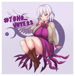  1girl absurdres boots border bow bowtie breasts brown_shoes commentary dress english_commentary french_braided_twintails full_body grey_background grey_hair grey_wings highres huge_breasts kishin_sagume licen long_sleeves purple_dress red_bow red_bowtie shoes short_hair simple_background single_wing solo touhou touhou_22nd_popularity_poll white_border wings 