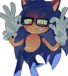  1boy arms_up blue_fur blush front_view furry glasses gloves green_eyes grin hands_up highres holding holding_removed_eyewear looking_at_viewer open_mouth sharp_teeth smile solo sonic_the_hedgehog sonic_the_werehog sweat sweatdrop teeth unneul unworn_eyewear upper_body white_gloves 