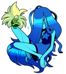  2girls alternate_costume alternate_hair_length_(longer) barefoot discount-supervillain dress lapis_lazuli_(steven_universe) long_hair mini_person minigirl multiple_girls peridot_(steven_universe) sitting smile sparkle steven_universe 