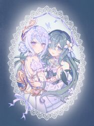  2girls absurdres armband artist_name bare_shoulders blue_background blue_border blue_butterfly blue_dress blue_eyes blue_gem blue_hair blush body_markings border bow breasts bug butterfly choker closed_mouth collarbone commentary cowboy_shot crystal_earrings detached_sleeves dress earrings feather_hair_ornament feathers fingernails fins floating_hair flower four-pointed_star frilled_choker frills from_side fur_collar fur_trim gem genshin_impact green_hair grey_choker hair_between_eyes hair_bun hair_flower hair_ornament hair_over_one_eye hairband head_fins heart_ornament highres jewelry lace lace_border lace_trim long_dress long_hair long_sleeves looking_at_viewer multicolored_hair multiple_girls necklace odette_(genshin_impact) open_mouth ornate_border pearl_hair_ornament puffy_detached_sleeves puffy_long_sleeves puffy_sleeves purple_bow short_hair sidelocks simple_background sleeveless sleeveless_dress small_breasts smile standing star_(symbol) strapless strapless_dress streaked_hair symzae torso_grab two-tone_dress untranslatable_commentary very_long_hair violet_eyes vodyanitsa_(genshin_impact) white_armband white_dress white_feathers white_flower white_hair white_hairband white_sleeves yuri 