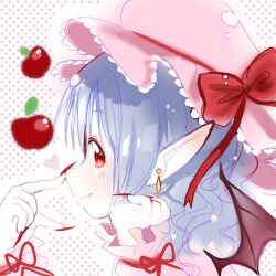 1girl apple bat_wings blue_hair blush bow canihavepromo dress earrings fang fingernails food frilled_hat frills fruit hat highres index_finger_raised jewelry long_fingernails lottie_(gravyalloverhim) mob_cap pink_dress pink_hat pointy_ears polka_dot polka_dot_background profile red_bow red_eyes red_nails remilia_scarlet sleeve_ribbon smile solo touhou wings
