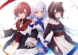  3girls absurdres ange_katrina ange_katrina_(1st_costume) animal_ears apron black_coat blue_eyes blue_hair blue_neckerchief blue_skirt blue_thighhighs blush brown_hair brown_kimono brown_sash buttons cardigan closed_mouth coat collared_dress commentary_request contrast_collar crossed_bangs dog_ears dog_hair_ornament double-breasted dress flower frilled_skirt frilled_sleeves frills grey_hair group_picture hair_between_eyes hair_flower hair_intakes hair_ornament hairclip hand_up heterochromia high-waist_skirt highres inui_toko inui_toko_(1st_costume) japanese_clothes kimono layered_skirt legwear_garter lize_helesta lize_helesta_(1st_costume) locked_arms long_bangs long_hair long_sleeves looking_at_viewer maid_headdress medium_hair miniskirt multicolored_hair multiple_girls neckerchief nijisanji obi obiage obijime off_shoulder open_mouth pleated_skirt red_cardigan red_eyes red_hair sanbaka_(nijisanji) sash shinaritu shirt short_dress shrug_(clothing) skirt smile streaked_hair teeth thigh-highs two-tone_hair upper_teeth_only violet_eyes virtual_youtuber waist_apron white_apron white_background white_dress white_headdress white_shirt white_shrug white_skirt yellow_eyes 