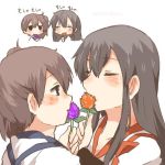  2girls akagi_(kantai_collection) black_eyes blush brown_hair closed_eyes flower kaga_(kantai_collection) kantai_collection kiss leaf long_hair lowres multiple_girls rebecca_(keinelove) rose short_hair side_ponytail 