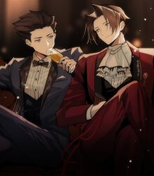  2boys ace_attorney alcohol arm_rest ascot black_bow black_bowtie black_hair black_vest blue_eyes blue_jacket blue_suit blurry blurry_background bow bowtie buttons champagne champagne_flute closed_mouth collared_shirt crossed_legs cup drink drinking drinking_glass emel_fate feet_out_of_frame gem grey_eyes grey_hair hair_slicked_back hand_on_lap highres holding holding_drink jacket knee_up lapels light_particles looking_at_another looking_to_the_side male_focus miles_edgeworth multiple_boys open_clothes open_jacket phoenix_wright red_gem red_jacket red_suit shirt short_hair side-by-side sitting smile spiky_hair striped_clothes striped_shirt suit suit_jacket vertical-striped_clothes vertical-striped_shirt vest waistcoat white_ascot white_shirt 