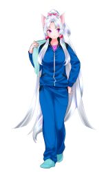  1girl :3 absurdres animal_ear_fluff animal_ears blue_pants blue_socks breasts closed_mouth edomura_niniko fox_ears fox_girl full_body hand_up highres jacket large_breasts long_hair long_sleeves no_shoes official_art pants parted_bangs pink_eyes ponytail simple_background smile socks solo standing touhoku_itako towel track_jacket track_suit transparent_background very_long_hair voiceroid white_hair 