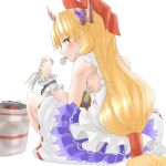  1girl blonde_hair blush bow breasts eating gourd grill grilling hair_bow horn_ribbon horns ibuki_suika long_hair looking_at_viewer looking_back low-tied_long_hair ribbon shirt sideboob simple_background sitting skirt sleeveless sleeveless_shirt small_breasts solo somsom squid touhou turning very_long_hair white_background wrist_cuffs yellow_eyes 