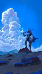  1other absurdres ambiguous_gender armor asaki_(asaki_vision) blue_cape blue_sky cape clouds commentary_request cuirass cuisses day english_commentary fairy faulds floating_cape full_armor full_body gauntlets greaves helm helmet highres holding holding_shield holding_sword holding_weapon knight long_sword mixed-language_commentary original outdoors over_shoulder pauldrons plate_armor plume poleyn rerebrace rock sabaton shield shoulder_armor simple_bird sky standing sword sword_over_shoulder uneven_footing visor_(armor) weapon weapon_over_shoulder 