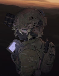  1girl backpack bag black_mask blonde_hair bulletproof_vest cellphone combat_helmet earpiece fast_helmet green_eyes helmet highres holding holding_phone load-bearing_vest mask military_combat_uniform military_uniform mouth_mask night_vision_device original paperboathat phone short_hair smartphone tactical_clothes tsurime union_jack 